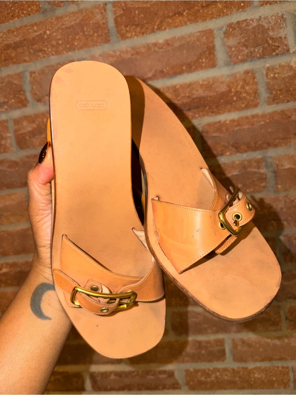Coach Tan Leather Slide Sandals with Gold Buckle - Women - Picture 4 of 11